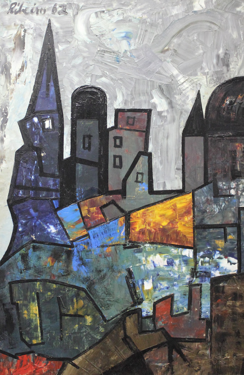 Untitled (Townscape), 1962, oil on board by Lancelot Ribeiro